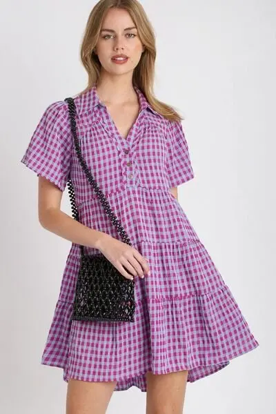 Gingham Tiered Dress - Violet
