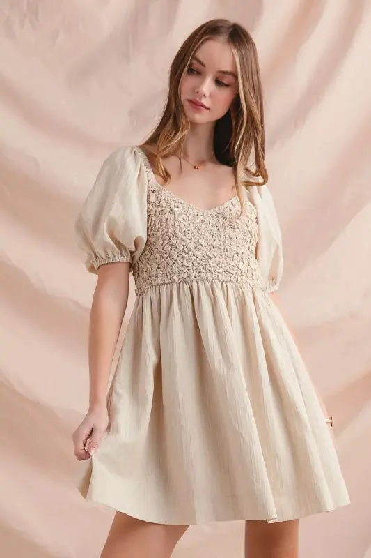 Textured Dress with Puff Sleeves