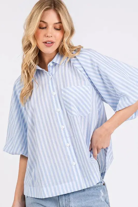 Button Down Striped Puff Sleeve Shirt