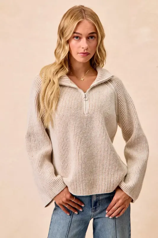 Two-Tone Textured Collared Zip-Up Top